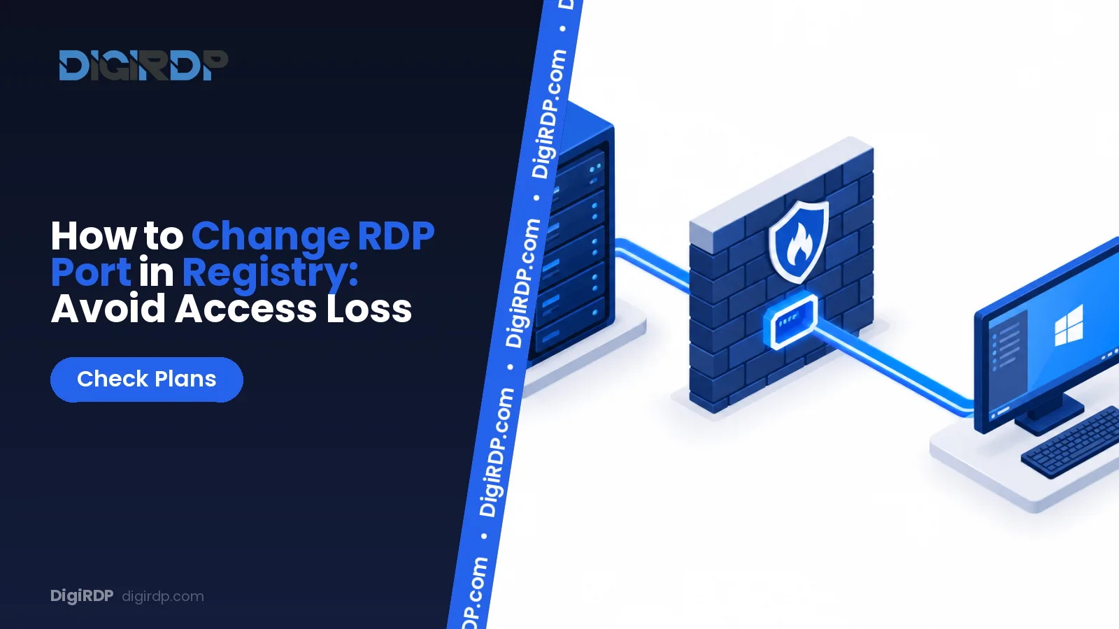 Windows Server RDP port change workflow showing Registry Editor, firewall rules and a remote connection test