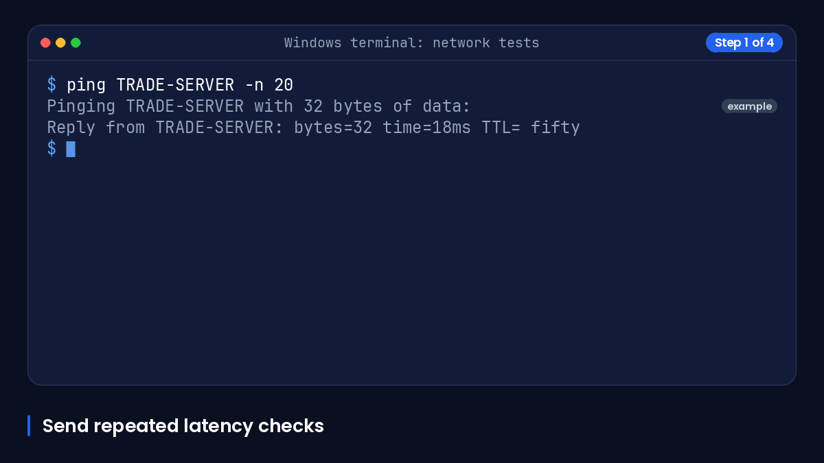 Animated terminal showing ping, tracert and pathping tests for a trading server