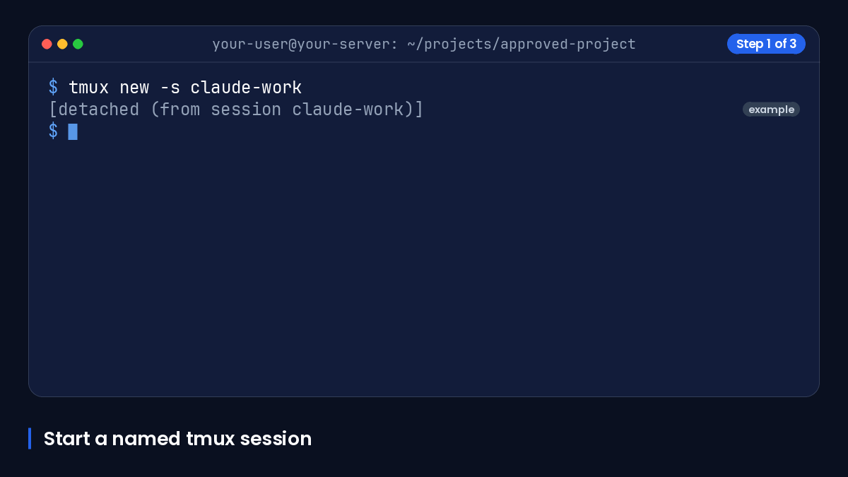 Animated terminal showing a named tmux session and reconnect command