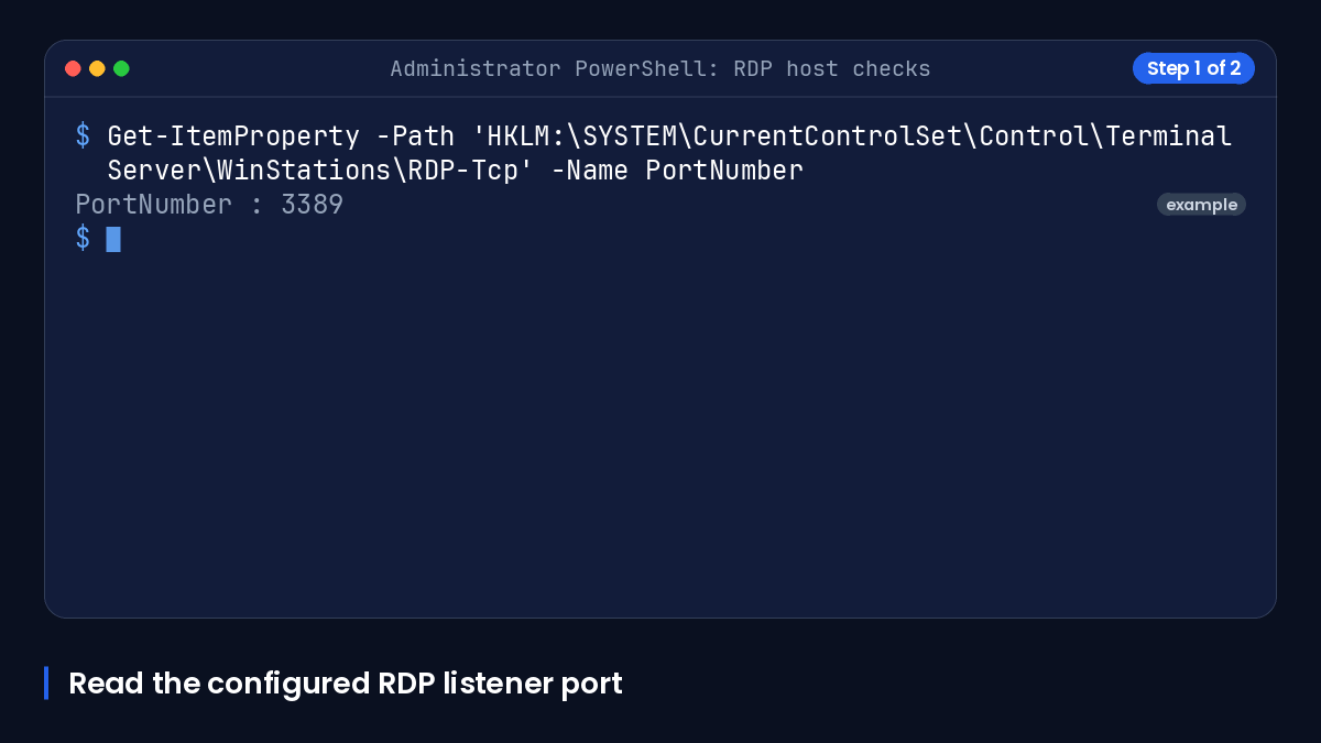 Animated PowerShell showing RDP listener port and Remote Desktop firewall checks