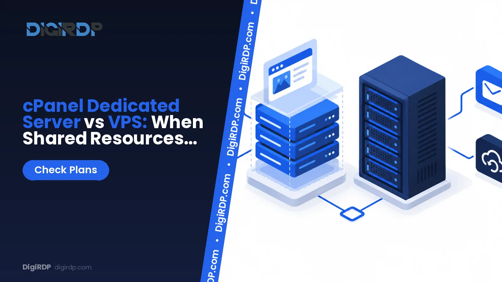 cPanel dashboard comparison on a VPS and dedicated server with CPU, RAM and storage indicators