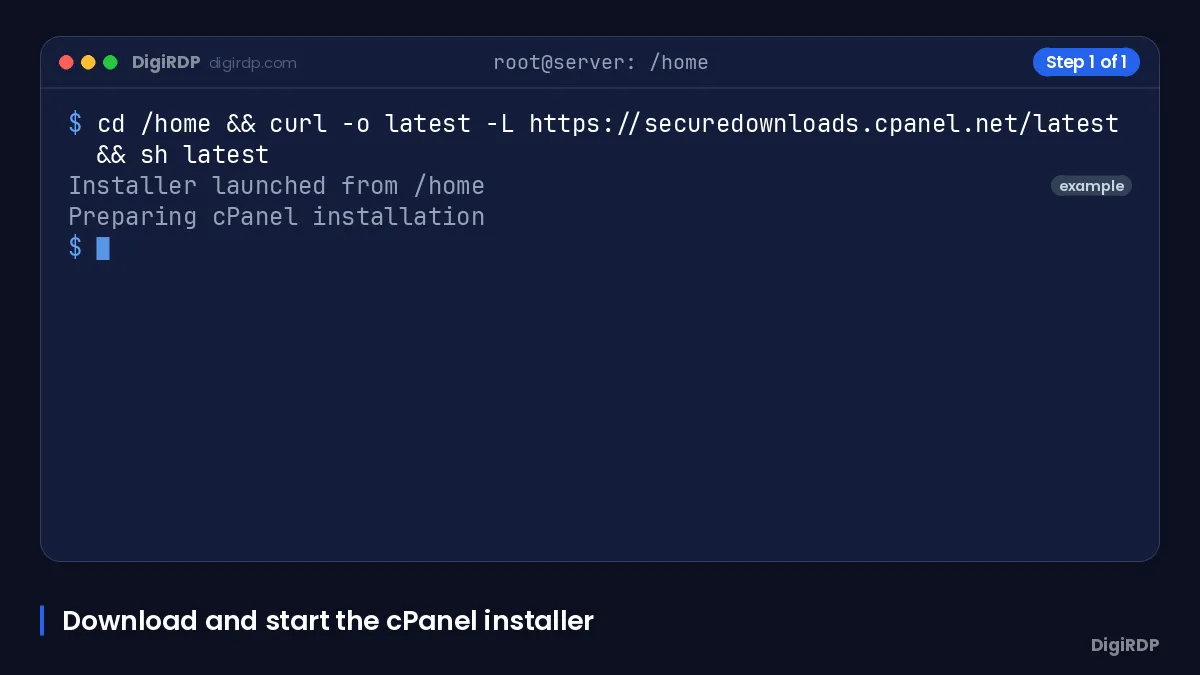 Terminal showing the cPanel installer download and launch command