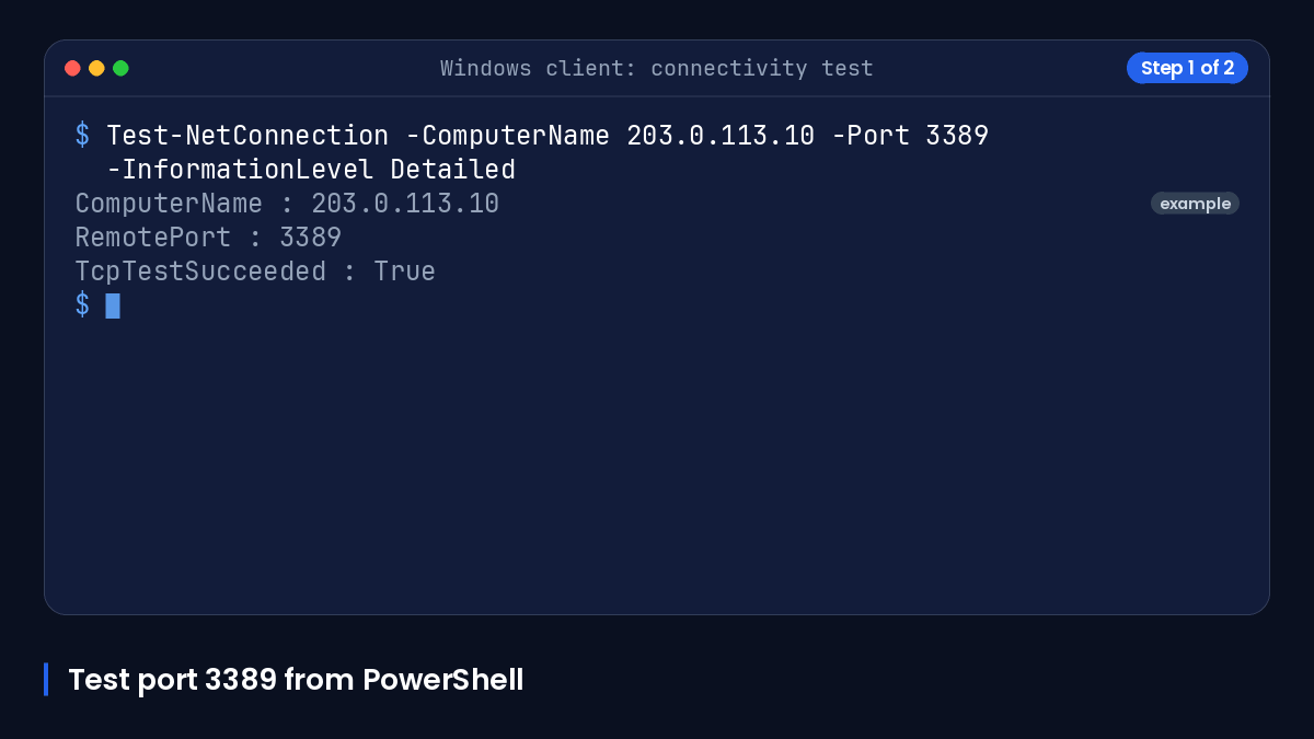 Animated terminal showing Windows and Linux checks for RDP port 3389 reachability