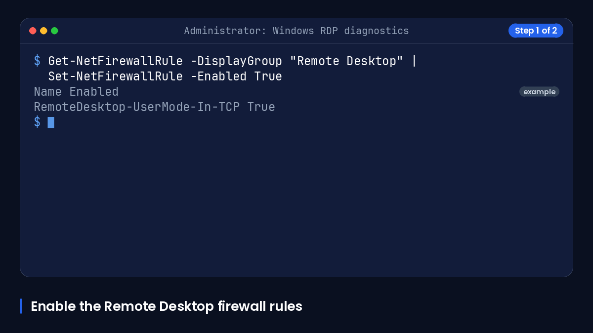 Animated terminal enabling Remote Desktop firewall rules and checking active sessions