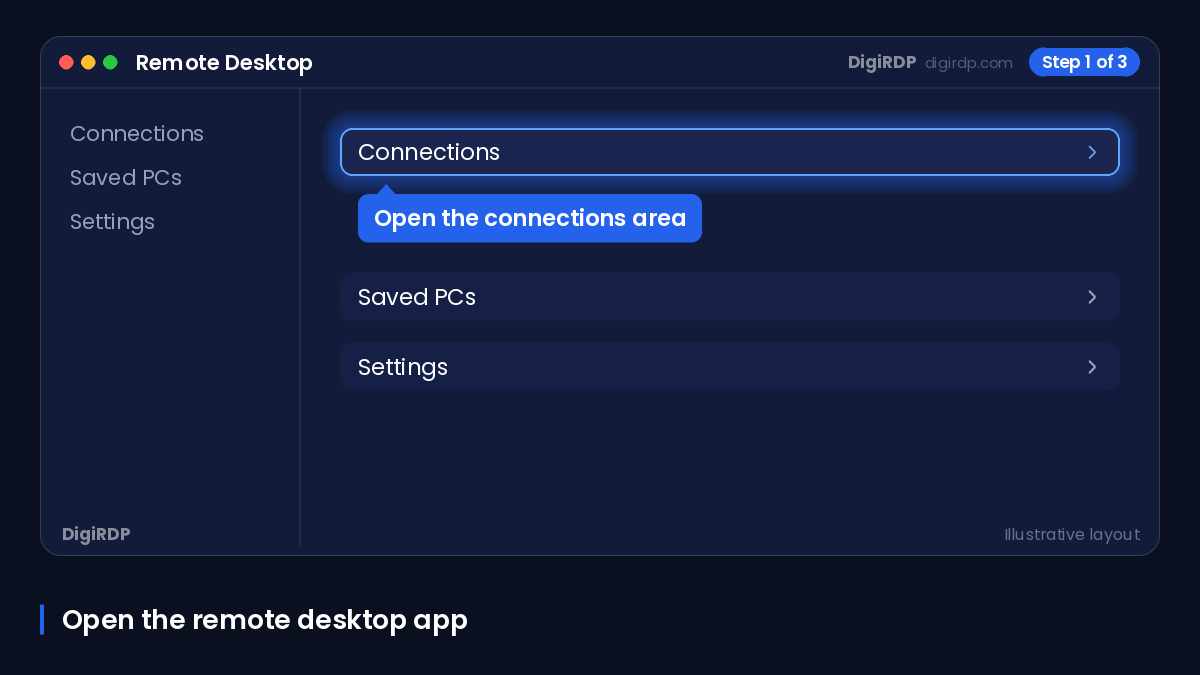 Generic remote desktop app showing how to add and connect to a Windows VPS