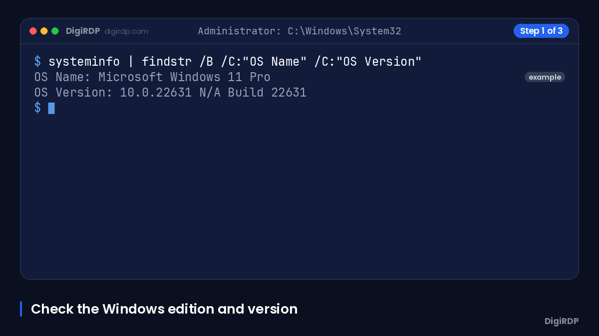 Animated terminal checking Windows version, IP address, and computer name for RDP troubleshooting