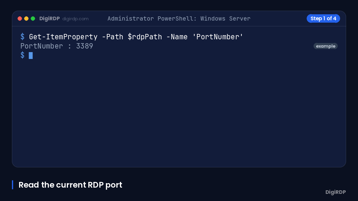 Animated terminal showing the RDP registry port changing to 3390 and the service restarting