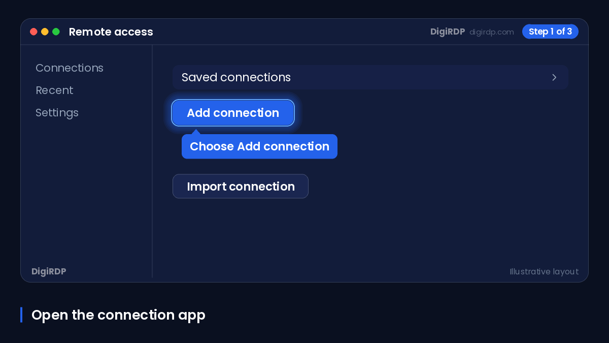 Generic app window showing how to add a Windows PC connection on Mac