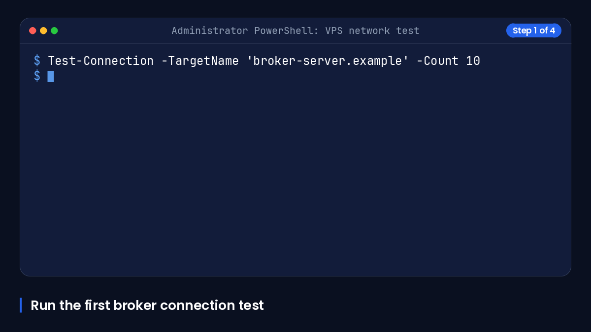 PowerShell terminal testing broker latency before and after a five-minute interval