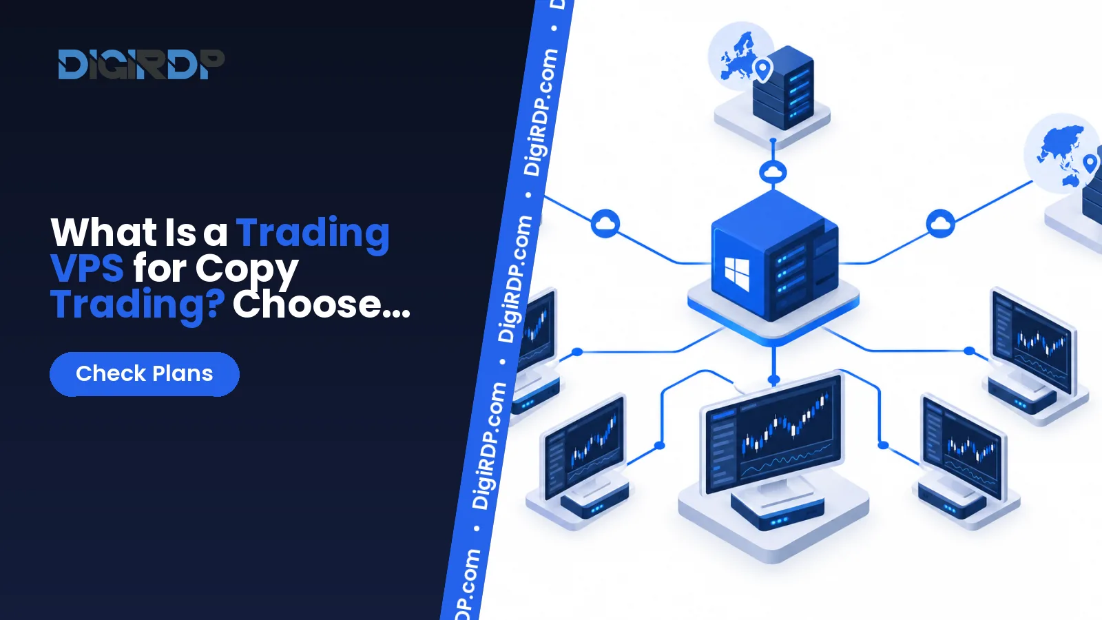 Copy trading VPS diagram showing sender and receiver terminals connected to multiple broker servers