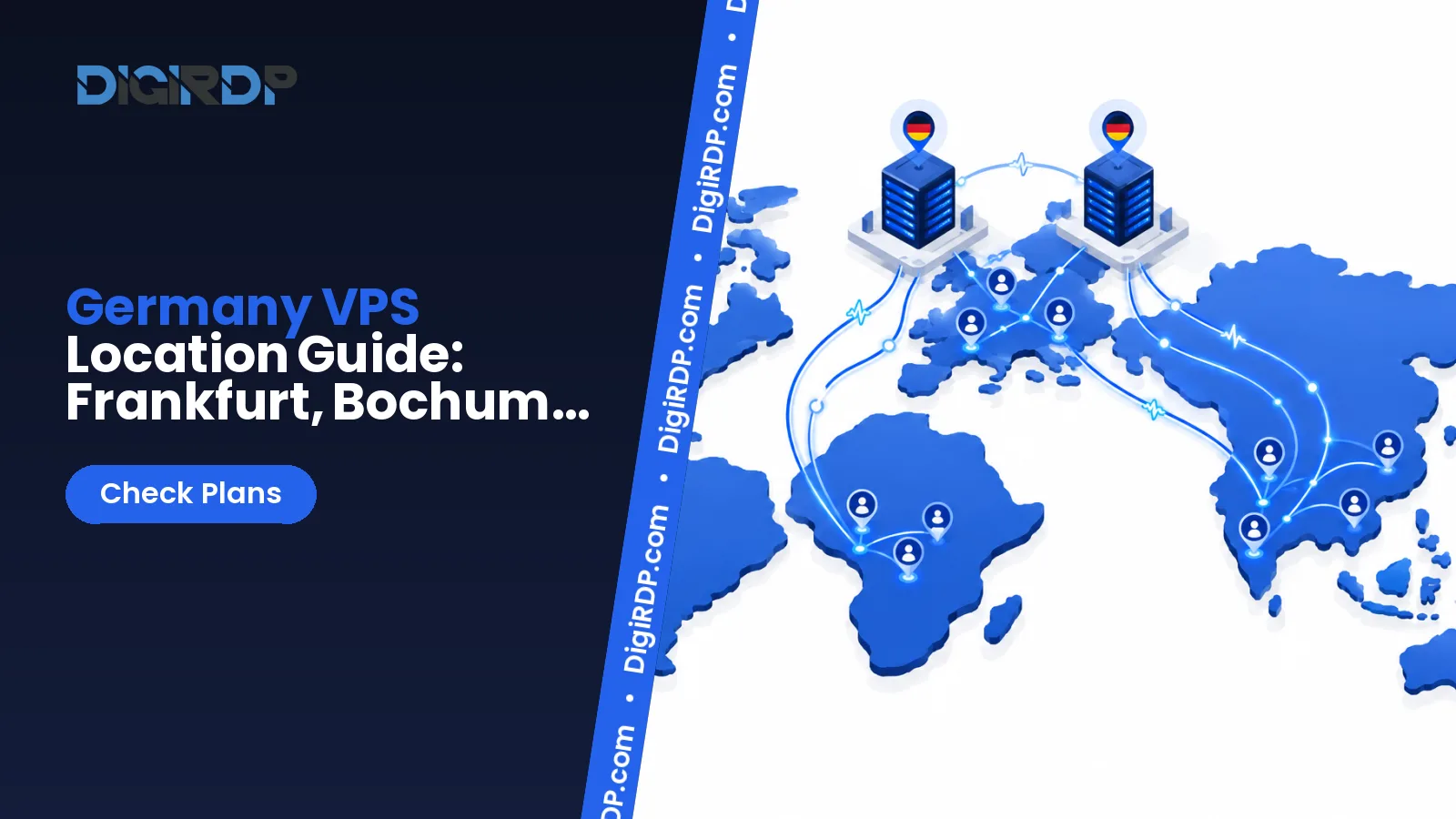 Map of Germany showing Frankfurt and Bochum VPS locations with network latency paths