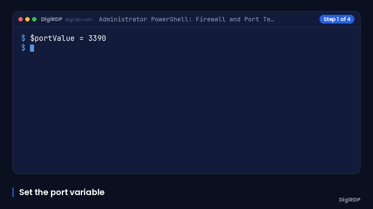 Animated terminal showing firewall rules for port 3390 and a remote connectivity test