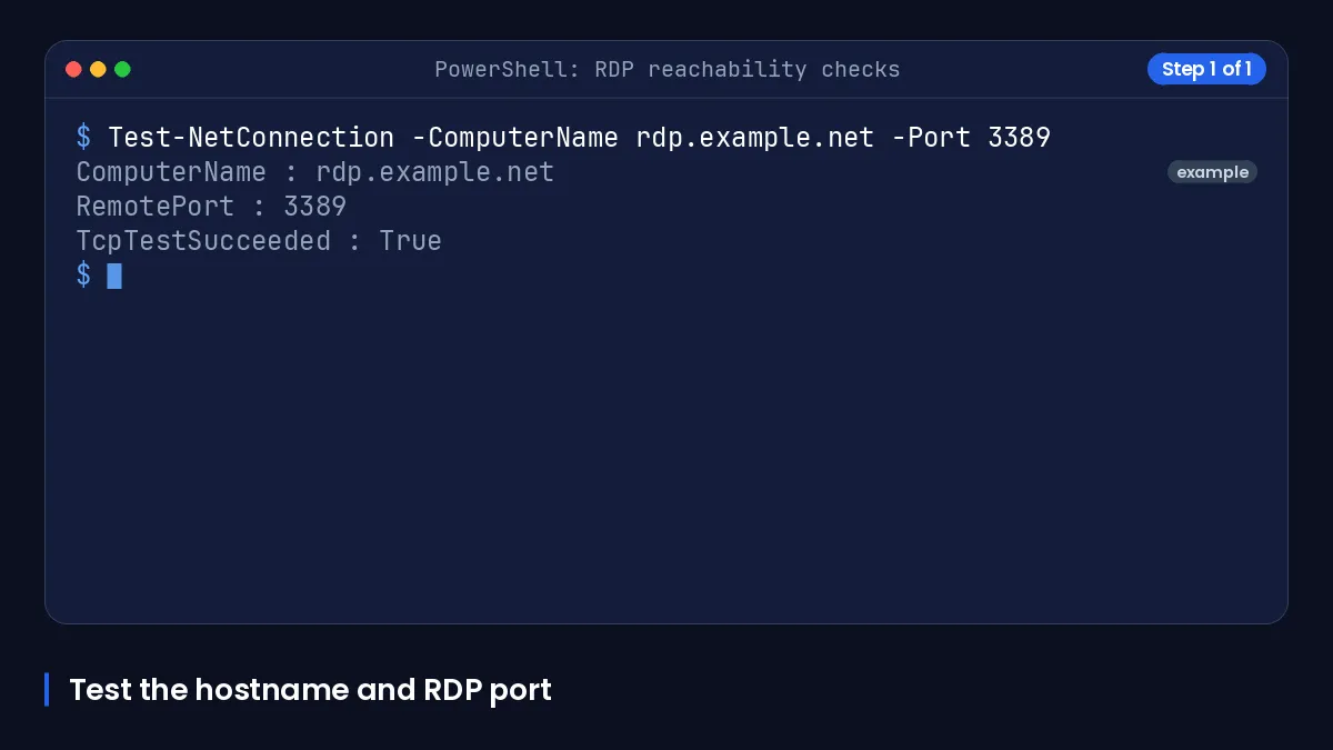 Animated PowerShell terminal testing DNS resolution and TCP port 3389 reachability