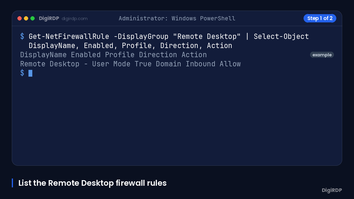Animated terminal checking Remote Desktop firewall rules and TCP port 3389 reachability
