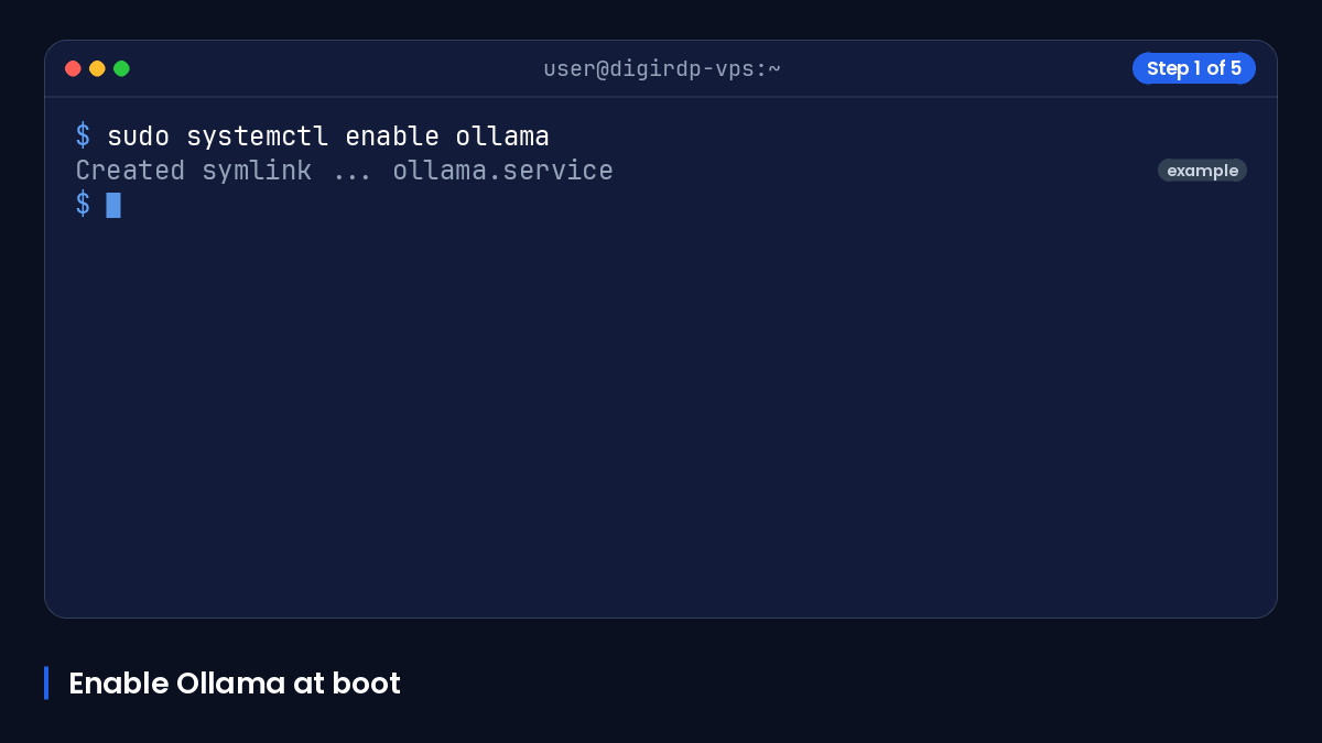 Animated terminal showing Ollama enabled with systemd and its service status checked