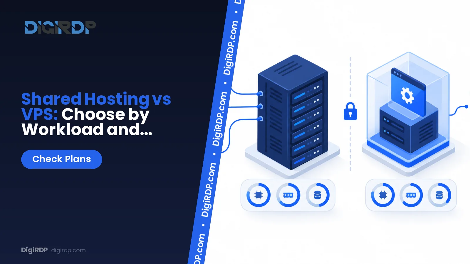 Illustration comparing shared hosting accounts with an isolated VPS server for different website workloads